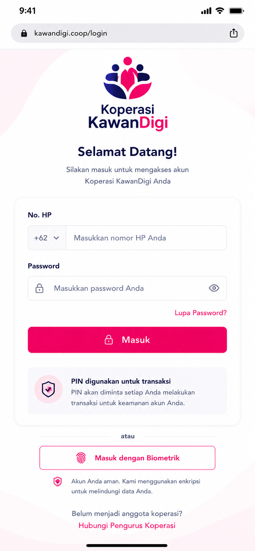 Tampilan login aplikasi Android KawanDigi