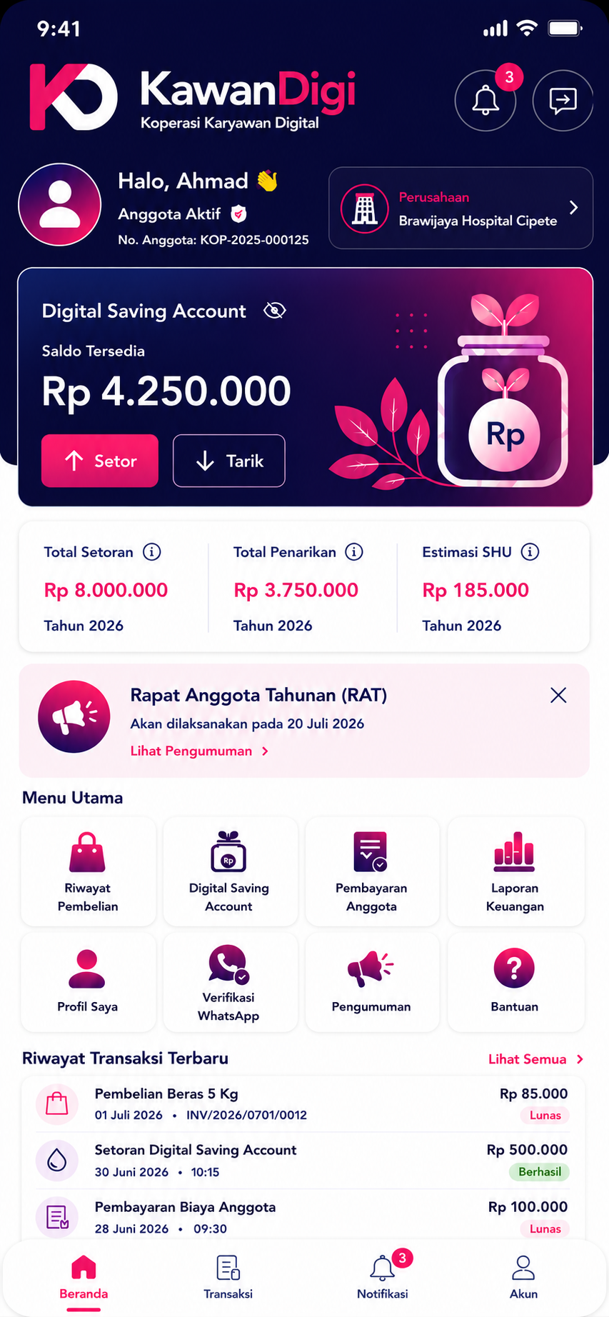 Tampilan dashboard utama aplikasi Android KawanDigi
