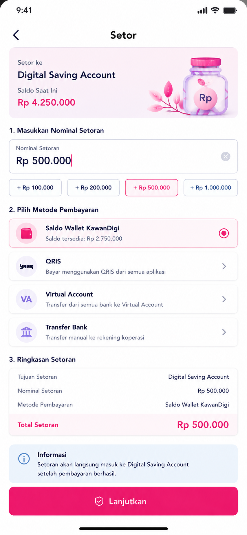 Tampilan setor Digital Saving Account