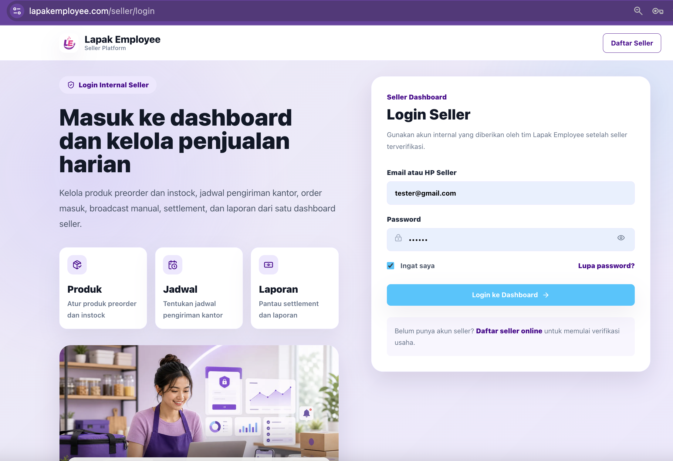 Halaman login seller Lapak Employee